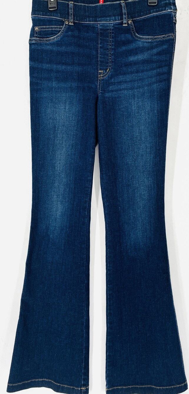 Spanx Flare Jeans Women Med Midnight Shade Blue Denim High Rise Pull On